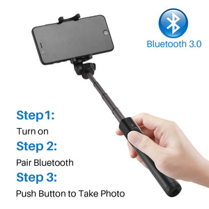 3 in 1 Selfie Stick Phone Tripod Extendable 26" Monopod with Bluetooth Remote