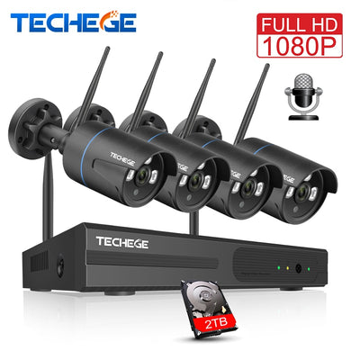 Techege Wireless CCTV System 1080P Audio Record 2MP 4CH NVR Waterproof Outdoor WIFI CCTV Camera System Video Surveillance Kit
